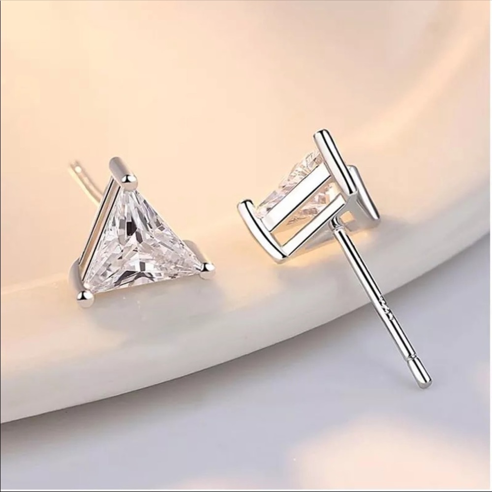 Sterling Silver 925 Triangle Stud Earrings - Picture 2 of 5